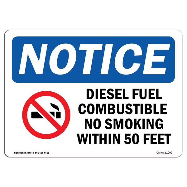 Signmission Sign, 10" H, 14" W, Rigid Plastic, Diesel Fuel Combustible No Smoking Sign With Symbol, Landscape OS-NS-P-1014-L-11000